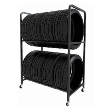 Imagem de Suporte de pneu resistente para piso - Suporte de exibição de pneu para garagem e oficina, suporte de aço ajustável para aros e rodas (110 x 50 x 128 cm / 43 x 20 x 50 pol)