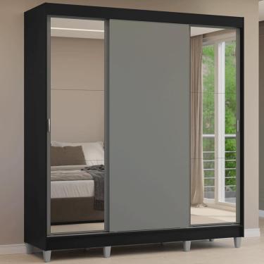 Imagem de Guarda-roupa Casal Com Pés 3 Portas De Correr Com Espelhos Preto Cinza Reno Madesa