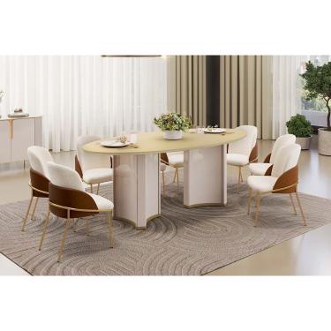Imagem de Conjunto: Mesa Sala Jantar Liz c/ Tampo Madeirado c/ Vidro Oval 218x108cm e 8 Cadeiras Vitta Off White/Dourado - Boucle Perola/Terracota - DJ Móveis