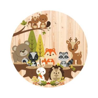 Imagem de Painel De Tecido Sublimado Redondo Animais Do Bosque Fundo De Madeira 