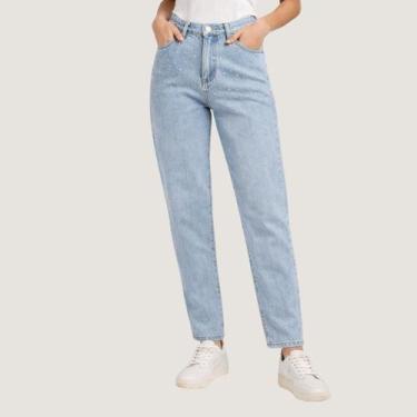 Imagem de Calça Jeans Mom Feminina Cintura Alta Com Brilho Strass - NoBrand, Azu