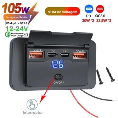 Imagem de Adaptador De Tomada Para Carro 12V 24V Com 2 Ou 4 Portas PD QC3.0 Para