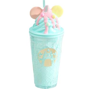 Imagem de Copo de sorvete de viagem com canudo para bebida de menina caneca congelada para piquenique presente de festa de aniversário (verde gato creme, 450 ml)