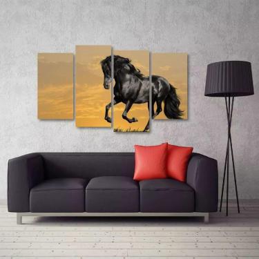 Imagem de Quadro Decorativo Paisagem Cavalo Preto Sala Tecido 4 Peças