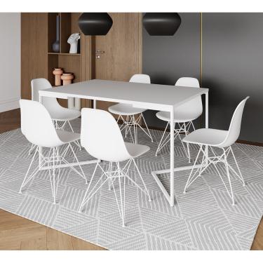 Imagem de Mesa Industrial Jantar Retangular 137x90cm Branca Base V com 6 Cadeiras Eames Eiffel Brancas Ferro B