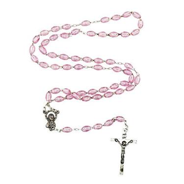 Imagem de (Pink) - Catholic Rosary with Metal Crucifix Cross Made in Italy Miraculous Pink Oval Beads (Pink)