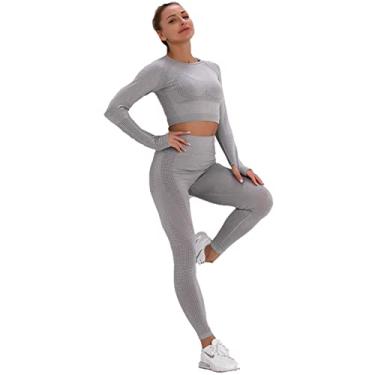 Imagem de Yajun Roupas de ioga fitness sem costura agasalho respirável manga longa top academia cintura alta leggings levanta bumbum feminino desgaste esportivo, cinza, M (peito: 34cm)