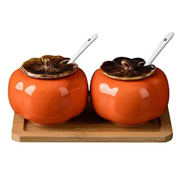 Imagem de QJZZO Açucareiro de cerâmica com tampa e colher feito à mão em forma de caqui tigela de açúcar pote de condimento recipiente de temperos caixa de tempero para decoração de casa e cozinha casamento (200 ml) - 2 peças