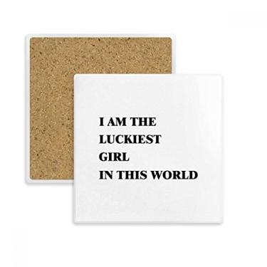 Imagem de Porta-copos quadrado I AmThe Luckiest Girl com suporte de subplaca para caneca