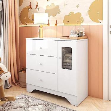 Imagem de Cômoda Infantil 1 Porta com Janela 3 Gavetas Ben Móveis Peroba Branco Brilho