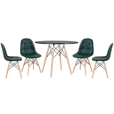 Imagem de Loft7, Mesa redonda Eames 100 cm preto + 4 cadeiras estofadas Eiffel Botonê Verde escuro