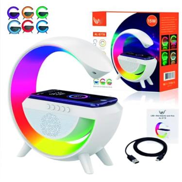 Imagem de Luminária de Mesa e Caixa de Som G com Carregador de Celular por Indução Speaker Smart Bluetooth USB CArtão SD Rádio FM 15W Branca Surrond PREMIUM (BRANCA)