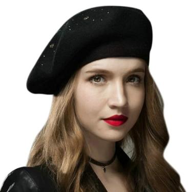 Imagem de Sumolux Boina feminina de lã francesa gorro clássico cor sólida outono inverno chapéus, Preto, Tamanho Único