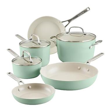 Imagem de KitchenAid Conjunto de panelas e frigideiras antiaderentes de cerâmica anodizada, 9 peças - pistache