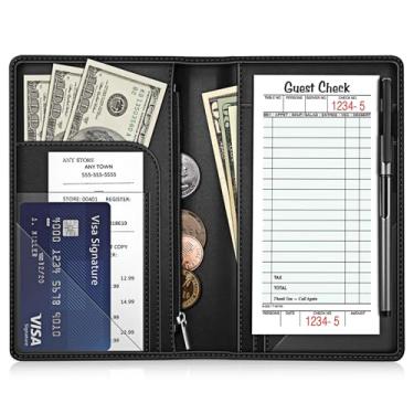 Imagem de (Preto) - Server Book Organiser with Zipper Pocket, Fintie PU Leather Restaurant Guest Cheque Presenters Card Holder for Waitress, Waiter, Bartender (Preto)