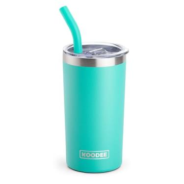 Imagem de koodee Copo infantil, copo de 350 ml com tampa e canudo de aço inoxidável com parede dupla isolada a vácuo para crianças, mulheres (azul-petróleo)