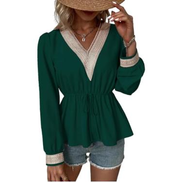 Imagem de Vidifid Túnica feminina de renda com gola V, manga bufante, amarrada, cintura elástica, túnica casual de chiffon, Verde, G