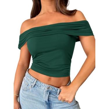 Imagem de MEROKEETY Camisetas femininas de verão 2024 com ombros de fora e manga curta franzidas sexy, Verde escuro, G