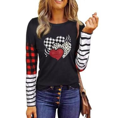 Imagem de Camiseta feminina para o Dia dos Namorados Buffalo Xadrez Love Heart Graphic Tees Letter Print Splicing Camisetas de manga comprida, A3 - Preto, M