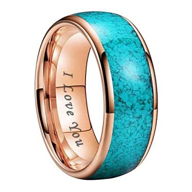 Imagem de TUTISS Anéis de tungstênio prata preto e ouro rosa de 8 mm para homens e mulheres, alianças de noivado e casamento, turquesa esmagada, incrustada com cúpula, eu te amo gravada, ajuste confortável,