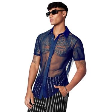 Imagem de Verdusa Camisa masculina de malha transparente com botões e manga curta transparente, Azul marinho, M