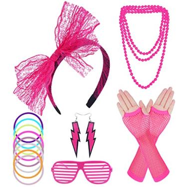 Imagem de ONUPGO Fantasia feminina dos anos 80, acessórios extravagantes, brincos de neon, luvas arrastão para festa retrô dos anos 80, Fantasia dos anos 80 - vermelho rosa, Normal