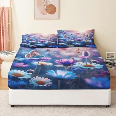 Imagem de Bhoyctn Jogo de lençol King de microfibra macia, margarida, flor, roxo, estampado, 4 peças, lençol de cima, lençol com elástico profundo e 2 fronhas