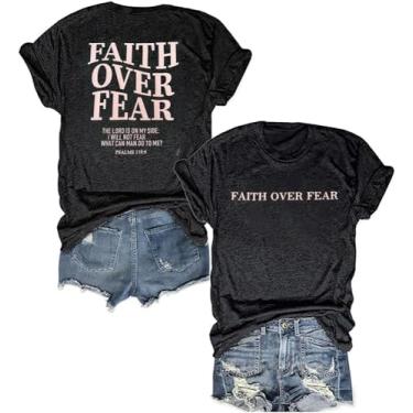 Imagem de Camisetas Cristãs Femininas Faith Over Fear Camiseta Jesus Love You Camisetas Versículo Bíblico Camisetas Inspiradoras de Manga Curta, Cinza escuro - 3 anos, GG