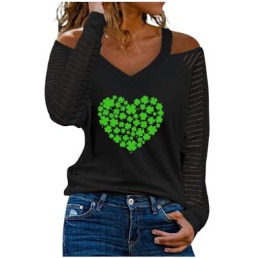 Imagem de Nagub Camiseta feminina St Patricks Day, manga comprida, gola V, trevo irlandês, ombro de fora, listrada, plus size, Amor, M