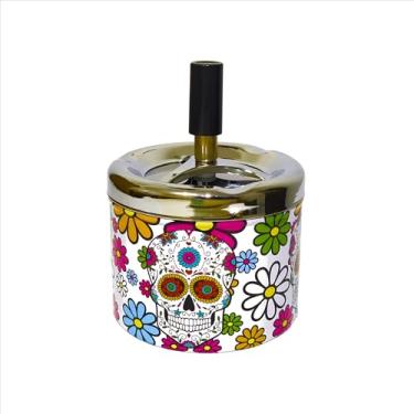 Imagem de Cinzeiro Metal C/Tampa Anti-Cheiro Giratória Redondo À Prova De Vento 9x7,5cm Fechado Automático Estampas Caveiras Mexicanas Premium (Flower Skull)