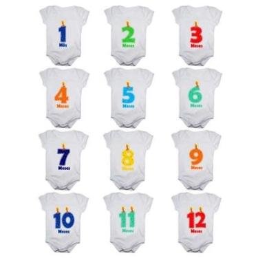 Imagem de Kit 12 Body Bebê Mesversario Manga Curta Números Vela 1 A 12 Meses Masculino-Masculino