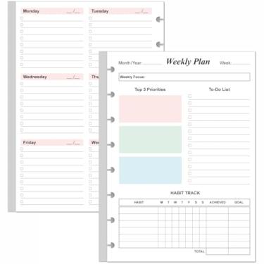 Imagem de Refil semanal sem data – Tamanho júnior 53 folhas/106 páginas, agenda semanal colorida para 8 discos, papel branco de 100 g/m², dura 1 ano, sem data, 14,7 x 21 cm