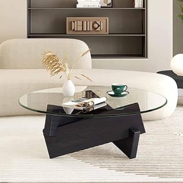 Imagem de Mesa de centro redonda de vidro espesso, mesa de coquetel, mesa de centro moderna de meados do século, mesa de canto abstrata com base de madeira, para sala de estar