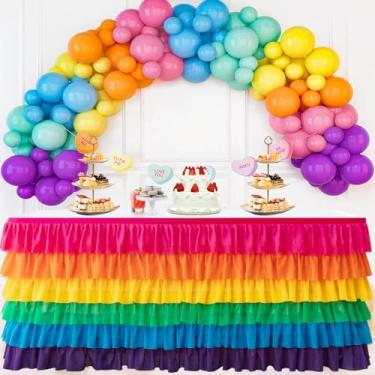 Imagem de Pufogu Saia de mesa tutu arco-íris brilhante de 4,3 m, toalha de mesa tutu com babados para festa de aniversário de mesa retangular, decorações de mesa (C 4,3 m, A 76 cm).