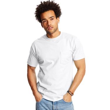 Imagem de Camiseta Hanes Beefy-T Pocket para homens branca de algodão pesado