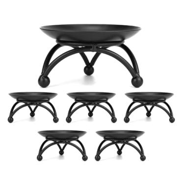 Imagem de QWORK Suporte de vela de coluna de ferro preto - conjunto de 6 suportes de vela com acabamento fosco, placa de vela resistente de três pernas e castiçais antiferrugem para decoração de casa, casamento