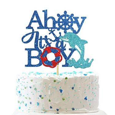 Imagem de INNORU Ahoy it's a Boy Cake Topper - Ship Anchor Nautical Theme Cake Decor, Boy 1st Birthday, Gender Reveal, Oh Boy Party Cake Decorations Supplies, Navy Blue Glitter