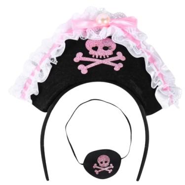 Imagem de FRCOLOR Conjunto de 2 peças de chapéu de pirata de caveira de Halloween com pérolas de renda rosa, pirata, conjunto de vendas, para mulheres e meninas