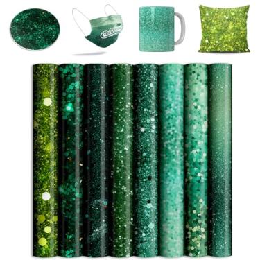 Imagem de Folhas de tinta de transferência infusíveis com glitter verde para prensa de caneca Cricut, papel de transferência de sublimação de 30,5 x 30,5 cm para máquina de prensa térmica, 8 folhas