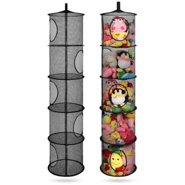Imagem de 2 peças de rede dobrável para animais de pelúcia ou organizador de rede, rede de armazenamento de brinquedos de malha para pendurar com 5 compartimentos para quarto de criança, luvas, chapéus, meias