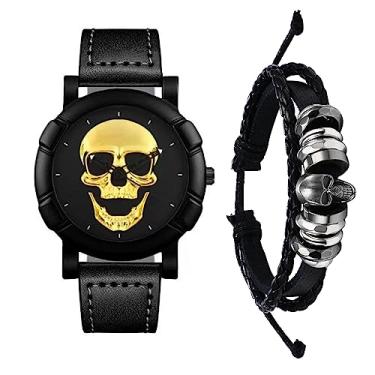 Imagem de Ibohevo Pulseira de couro com caveira: relógio de pulso masculino preto steampunk gótico feminino gótico punk rock, Dourado, Tendência
