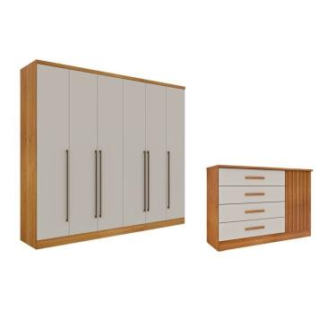 Imagem de Guarda-Roupa 6 Portas Portugal E Cômoda 4 Gavetas Ripado Espresso Móveis Cinamomo/Off White