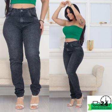 Imagem de Calça Mom Feminina Marmorizada Preta/Cinza/Chumbo Cintura alta 100% al