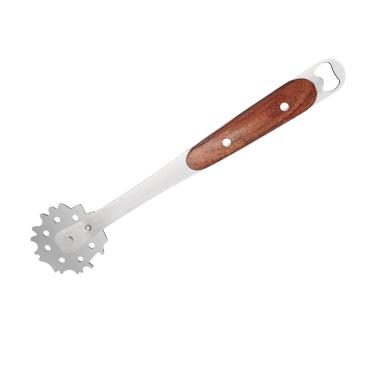 Imagem de TKGKHK 1 peça raspadora de churrasqueira de aço inoxidável, cabo de madeira, limpador de grelha de churrasqueira, cabeça de escova ajustável, raspador de grelha com abridor de garrafas, funciona com a