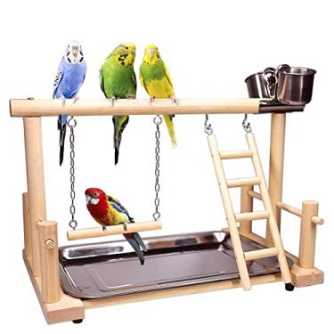 Imagem de kathson Parquinho de pássaros, suporte de brincar de papagaio, academia de periquito com copos de alimentação, poleiros de calopsita com brinquedos de exercício para periquitos, cacatuas, periquitos,