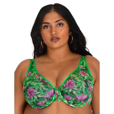 Imagem de Curvy Couture Sutiã feminino sexy de malha transparente plus size, Lush Tropics, 46H
