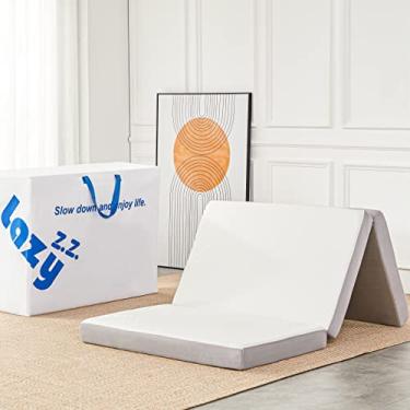 Imagem de Lazyzizi Colchão dobrável – Colchão triplo de espuma viscoelástica de 10 cm com capa de tecido de fibra de bambu respirável e lavável – Cama de hóspedes dobrável para acampamento, viagem, casal
