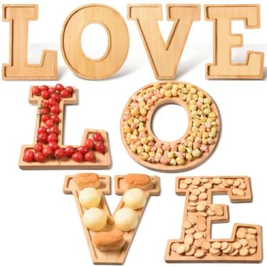 Imagem de AWIZOM 4 peças de tabuleiros de madeira LOVE charcutaria Letras LOVE Travessas de madeira Bandejas de servir Dia dos Namorados Bandeja de bambu Frutas Queijo Prato de Comida Vegetal Pratos para