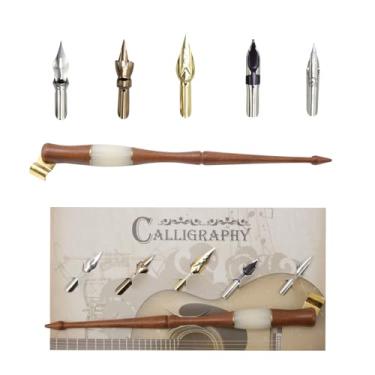 Imagem de Meprotal Conjunto de porta-canetas oblíquas de caligrafia de madeira, cabo removível com 5 pontas para desenho de caligrafia inglesa, marrom