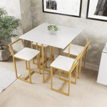 Imagem de Conjunto Mesa Branca 4 Cadeiras Pequena Estofado Industrial Dourado - 